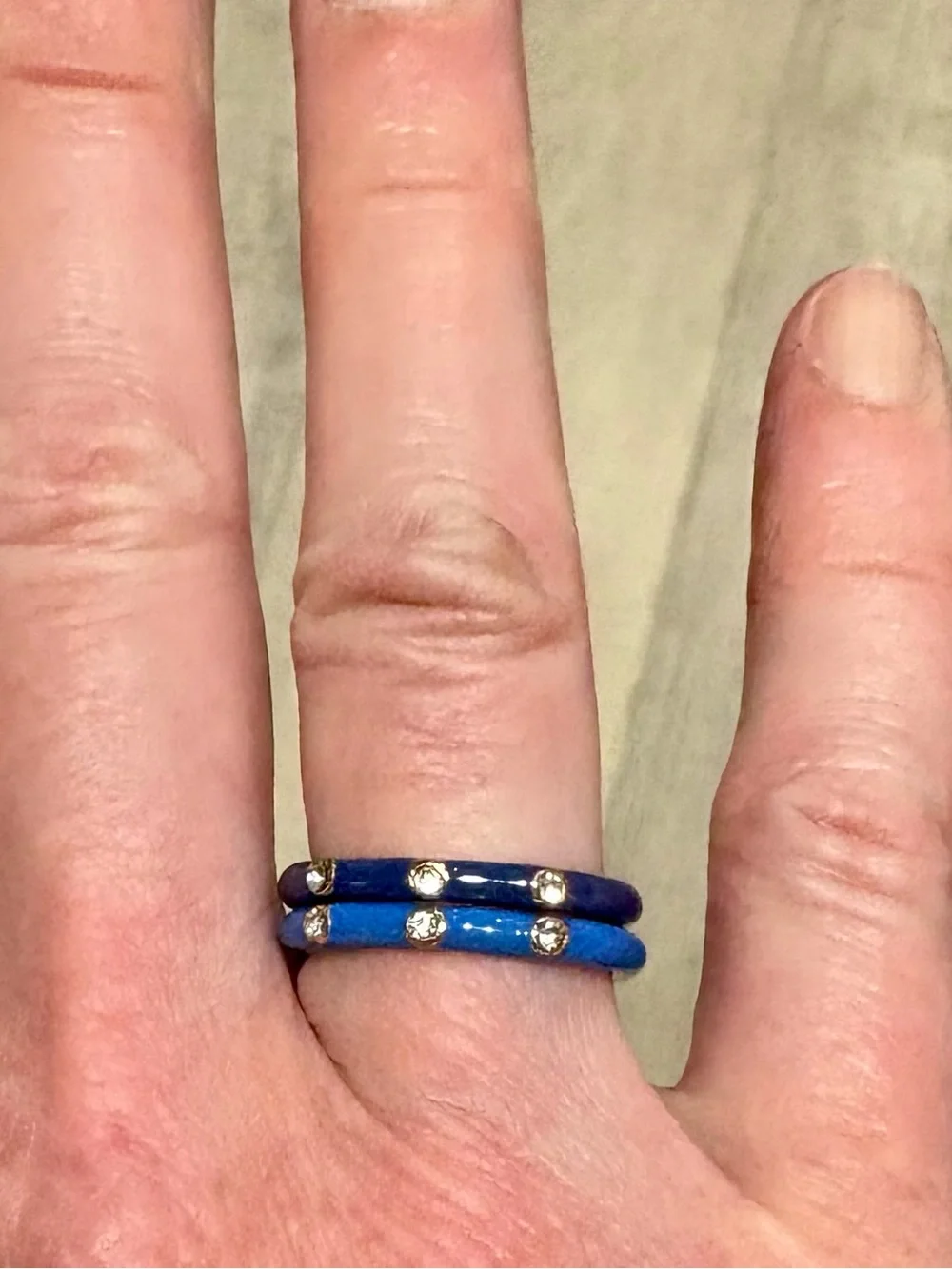 Vintage Blue Enamel Stacking Ring Set Rhinestone Bands Size 7 Pair